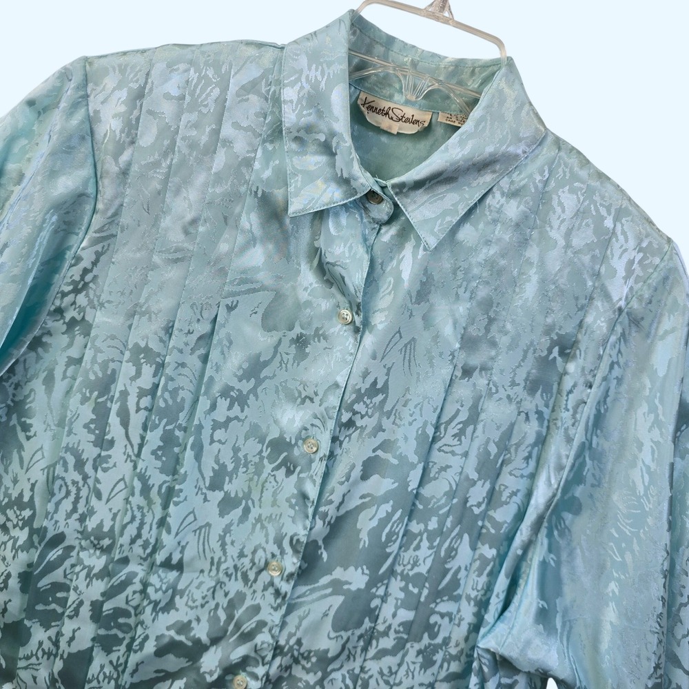 Kenneth Stevens Vintage Blue Jacquard‎ Pleated Button Down Blouse Top Size 8